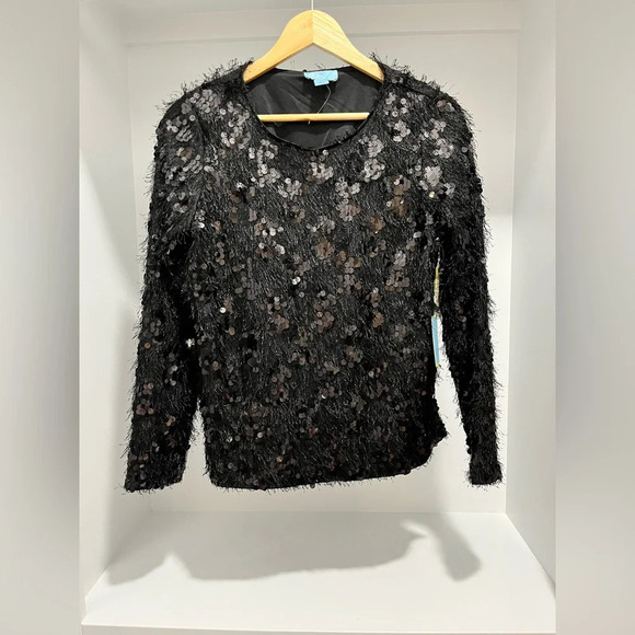 CeCe Black eyelash Sequin lined Pullover Sweater Womens size small new with tags - Picture 1 of 10